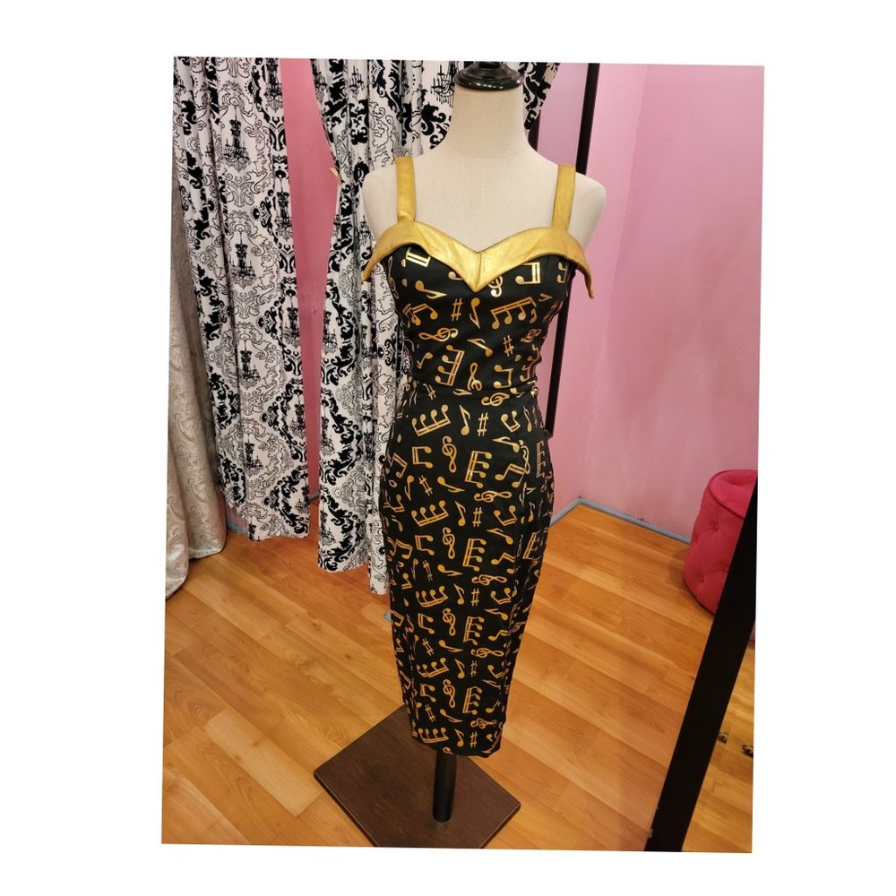 Deadly Dames Downtown Dame dress in black sateen with gold foil music notes